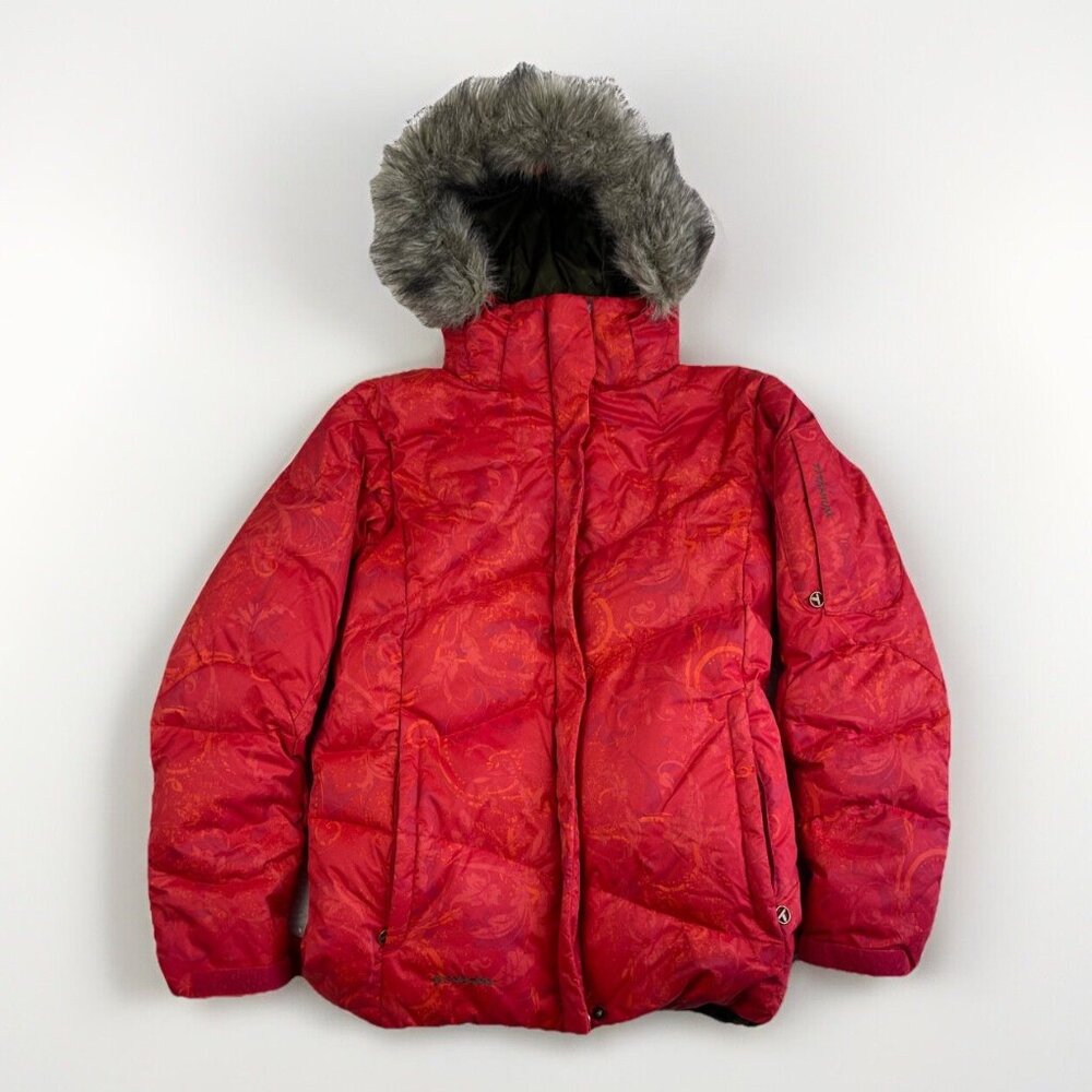 Columbia Titanium 550 Down OrangeRed AOP Floral Ski Parka Jacket Puffer Wom Sz M